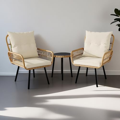 3 Piece Patio Bistro Set, Outdoor Wicker Table and Chairs Set of 2, All-Weather Rattan Balcony Furniture Set with Cushions for Patio Front Porch Backyard, Poolside Deck, Apartment
