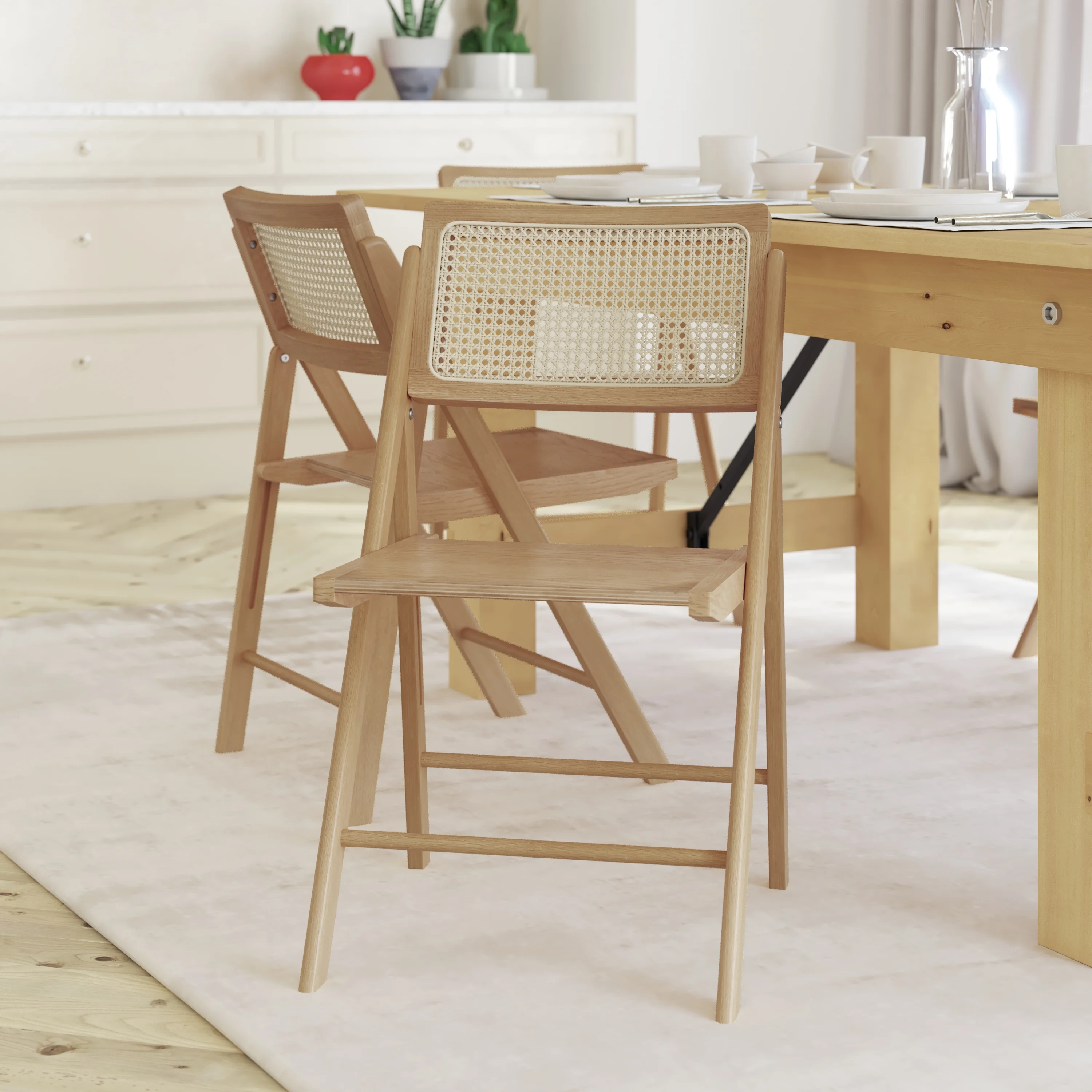 Emma + Oliver Set of 2 Cane Rattan Folding Chairs with Solid Wood Frames and Seats and Breathable Woven Rattan Backrest in Natural