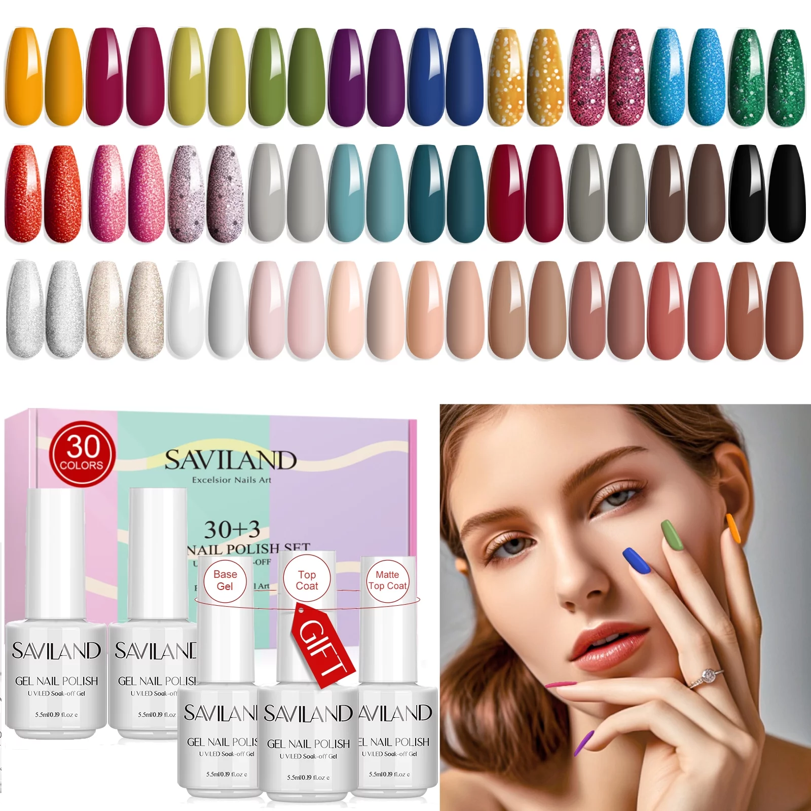 Saviland 33PCS Gel Nail Polish Kit - U V/LED Soak off Gel Nail Polish Sets with Base and Top Coat, Matte Top Coat