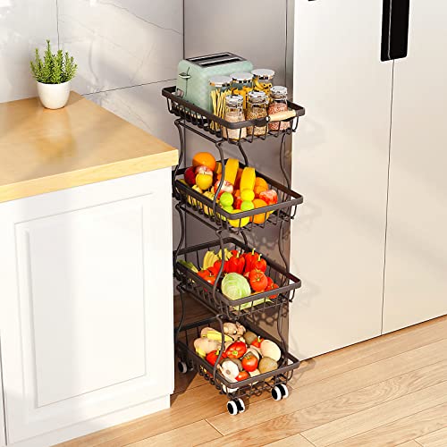 4 Tier Slim Fruit Basket for Kitchen, Stackable Metal Wire Fruit Vegetable Storage Baskets Organizer Stand on Wheels, Produce Basket Potato Onion Storage Bins Rack for Pantry. (Black)