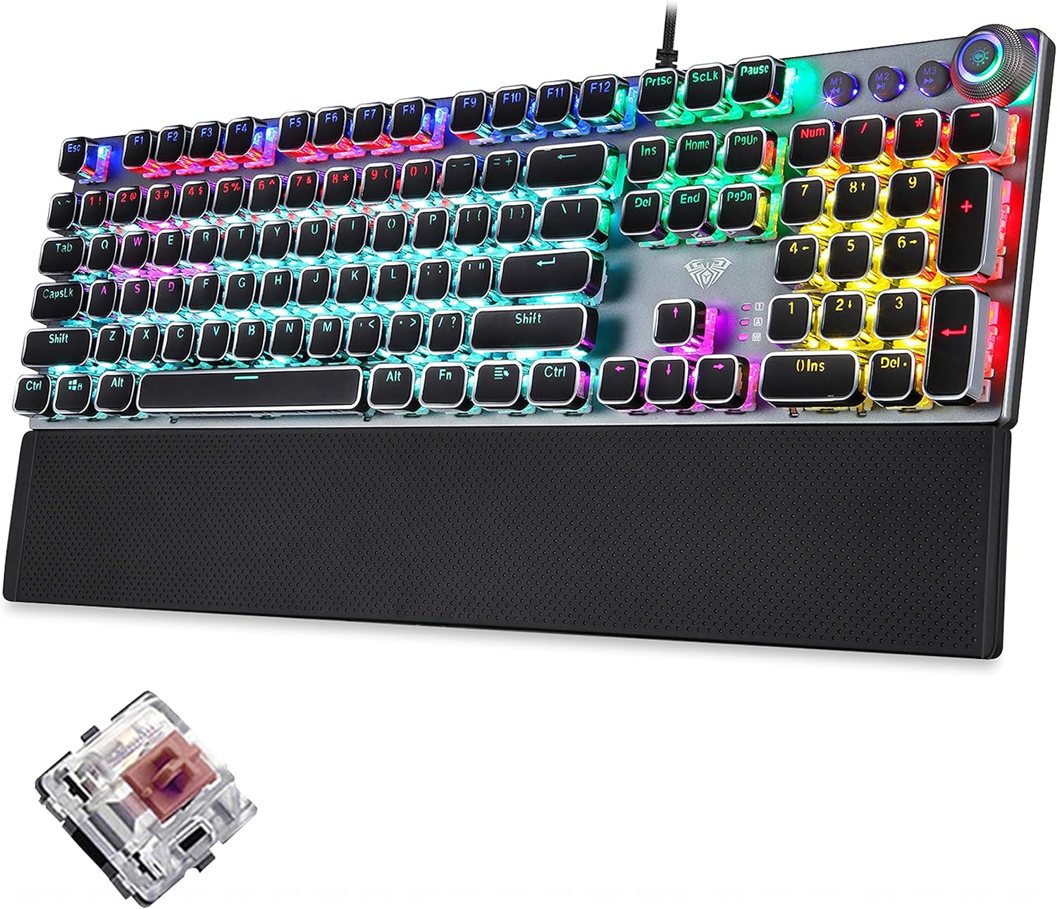 Mechanical Gaming Keyboard,Blue Switches,USB Wired,Retro Steampunk Typewriter Round Keycaps,Metal Panel,Moveable Wrist Rest,for Game and Office,for Laptop Desktop Computer PC (Silver-Blue switches)