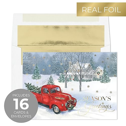 Masterpiece Holiday Greetings Trimmed In Scarlet Christmas Cards / 16 Boxed Snowy Cardinal Wreath Holiday Cards With Silver Foil Lined Envelopes / 5 5/8
