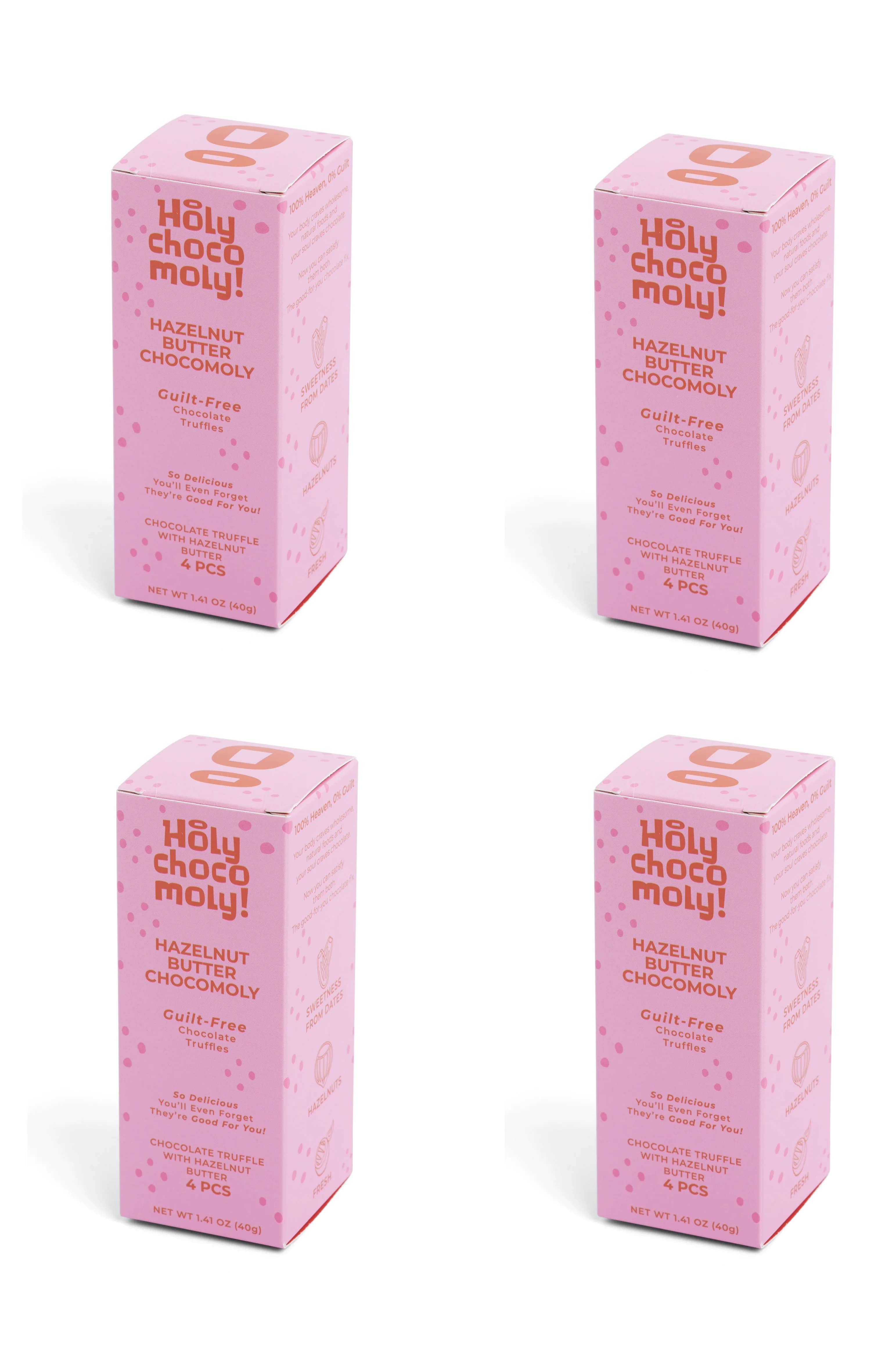 Holy Chocomoly! | 4 Pack Hazelnut Butter Chocolate Truffles | Low in Refined Sugar, Whole Food Ingredients | Made With Dates and Real Nut Butters | On the Go Snacks | 4 Truffles/Box, 16 Count