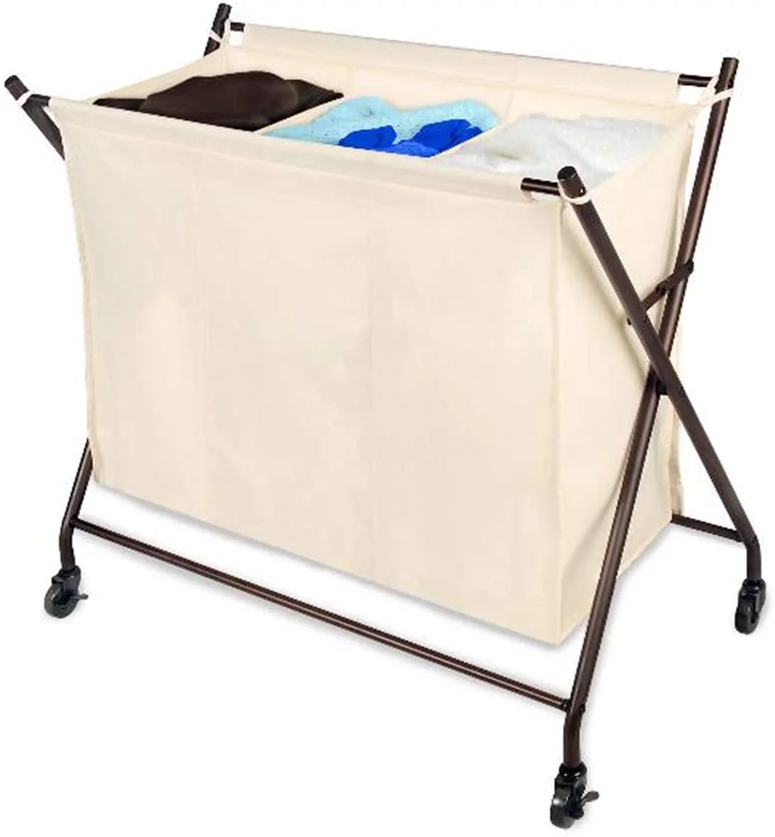 Smart Design Premium 3 Compartment Rolling Canvas Laundry Sorter Hamper with Wheels and Handles - Hold 9 Loads