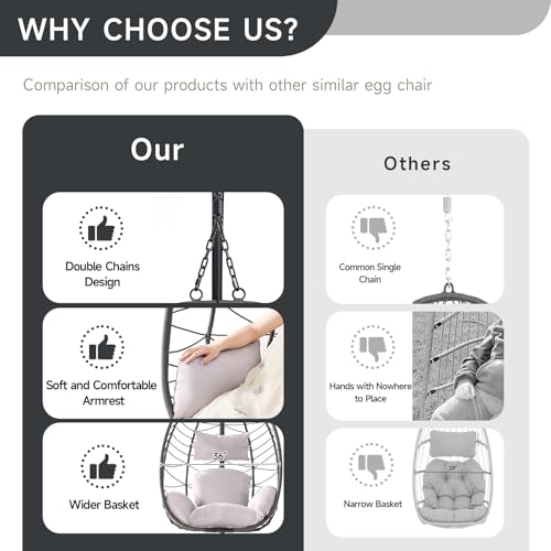 Hanging Egg Chair with Stand, Outdoor Indoor Egg Swing Chair with Cushion Headrest, Wicker Rattan Egg Chair with Dual Chains, 350LBS Capacity for Patio, Porch, Balcony, Bedroom (Dark Gray)