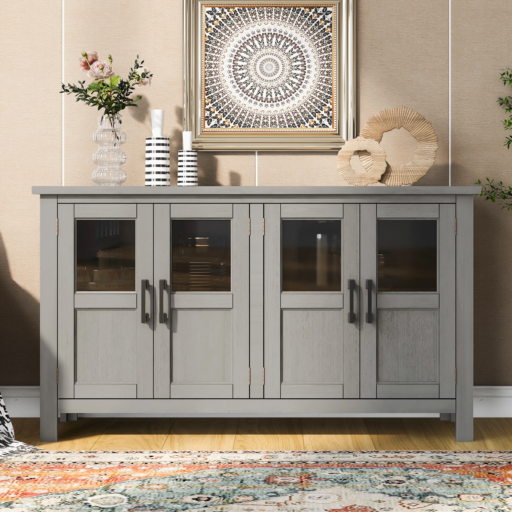 EUROCO 51'' Sideboard Cabinet, Acacia Solid Wood Buffet Cabinet with 4 doors, Tempering Glass, Adjustable Shelf and Metal Handles, for Entryway, Living Room, Bedroom,Natural