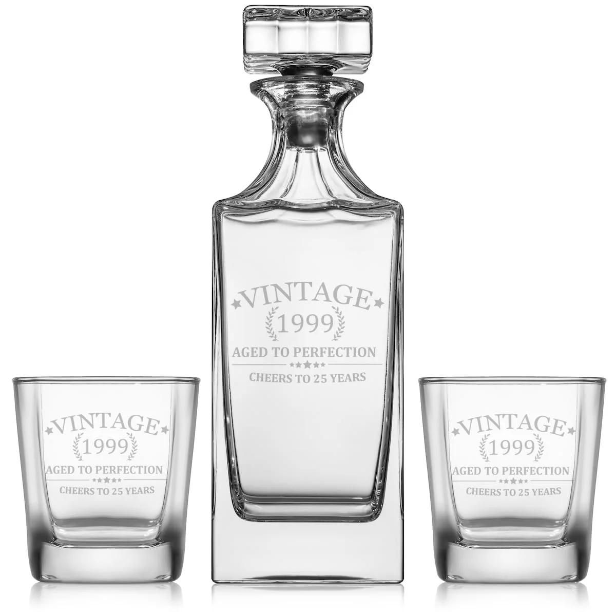 Whiskey Decanter Gift Set With 2 Whiskey Old Fashioned Rocks Glasses Cheers To 25 Years Vintage 1999 25th Birthday