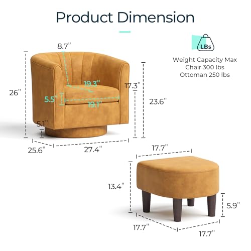 LINSY Swivel Accent Chair, Velvet Small Barrel Chair with Ottoman, 360 Degree Swivel Armchair for Living Room Bedroom Nursery Office (Yellow)