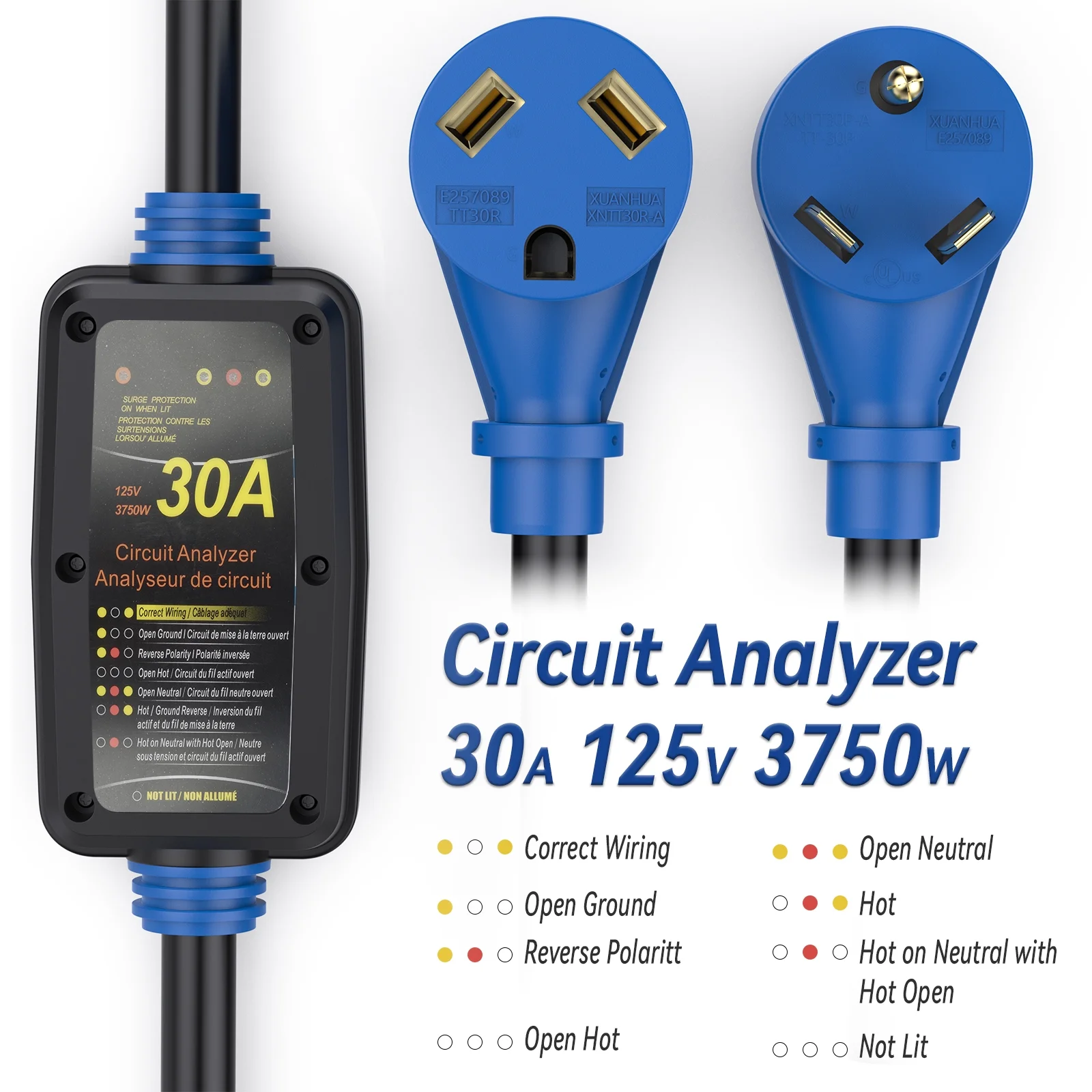 HFLRZZ RV Surge Protector 30 Amp with Grip Handles, Smart Circuit Analyzer Power Guard for RV, Camper, Trailer, Truck, Motorboat, Yacht, Mobilhome with Blue LED Indicator Light