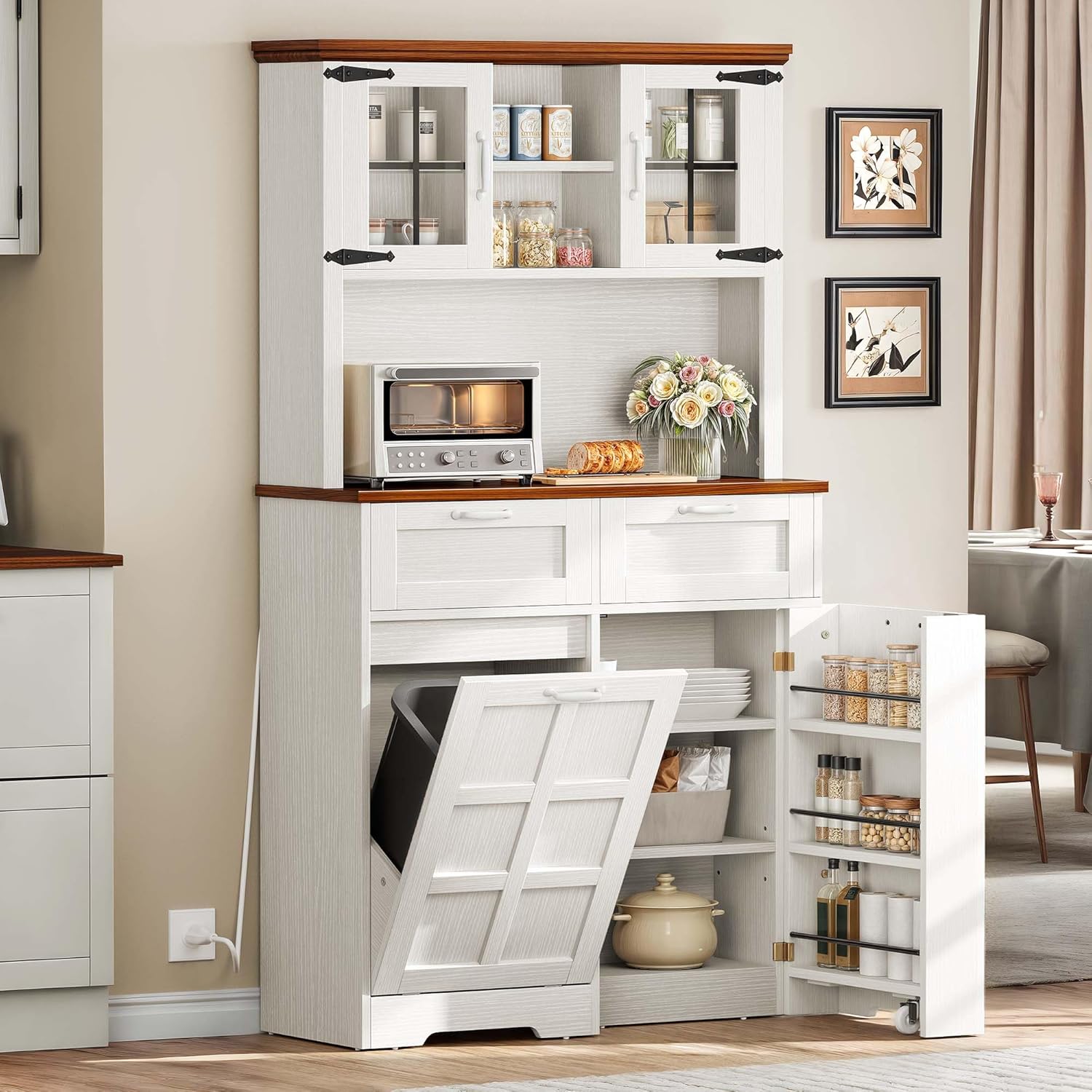 DWVO Kitchen Pantry Cabinet, Storage Cabinet with Trash Can, Tilt-Out Trash Can Cabinet, Tall Kitchen Cabinet, White Oak