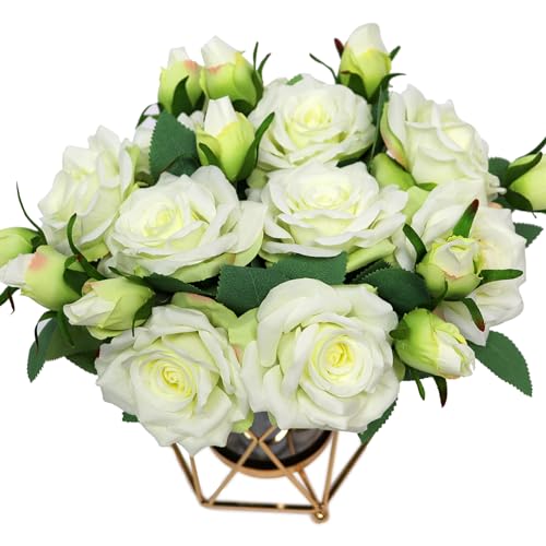 Faux Flowers with Vase, Silk Peony Bouquet Artificial Flowers in Vase, Fake Flowers Floral Arrangement for Home Decor Indoor, Table Centerpieces Flowers Decoration for Farmhouse (White Peony)