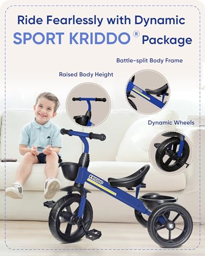 KRIDDO Kids Tricycles Age 24 Month to 4 Years, Toddler Kids Trike for 2.5 to 5 Year Old, Gift Toddler Tricycles for 2-4 Year Olds, Trikes for Toddlers, Blue