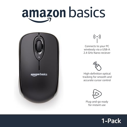 Amazon Basics 2.4 Ghz Wireless Optical Computer Mouse with USB Nano Receiver, Black