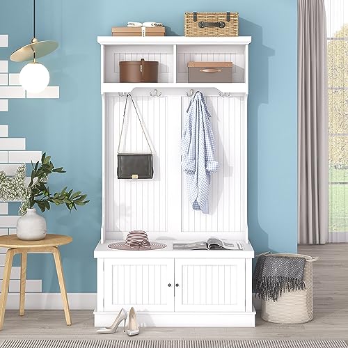 Modern Classic Hall Tree 4-in-1 Design Coat Racks Multi-Functional Entryway Coat Rack with Storage Shoe Bench Tall Hall Tree with 4 Hooks for Entryway,Hallway,Living Room (White)