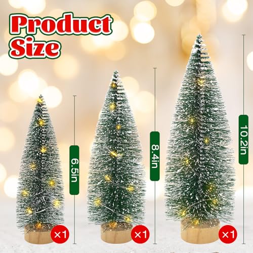 3 PCS Mini Bottle Brush Christmas Trees with Lights, Miniature Tabletop Christmas Tree for Christmas Decorations Indoor, Desktop Pine Tree Xmas Holiday Decor