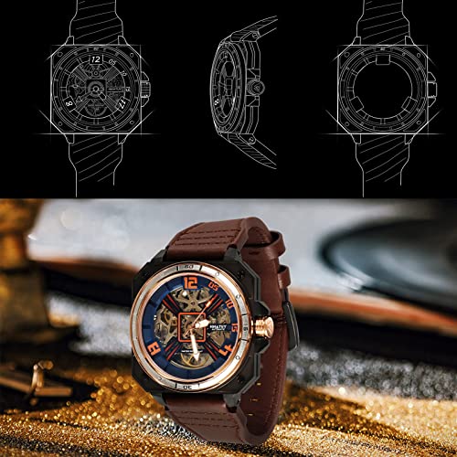 Automatic Skeleton Watches for Men, Luxury Skeleton Mechanical Dress Watch Self Winding, Waterproof Automatic Skeleton Watches for Men, Leather Strap Wrist Watches