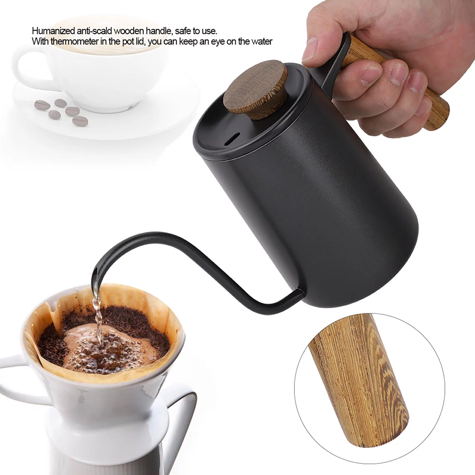 Drip Coffee Pot - VIFER 600ML Stainless Steel Long Gooseneck Spout Kettle Handle Drip Coffee Pot 1PC (Black)