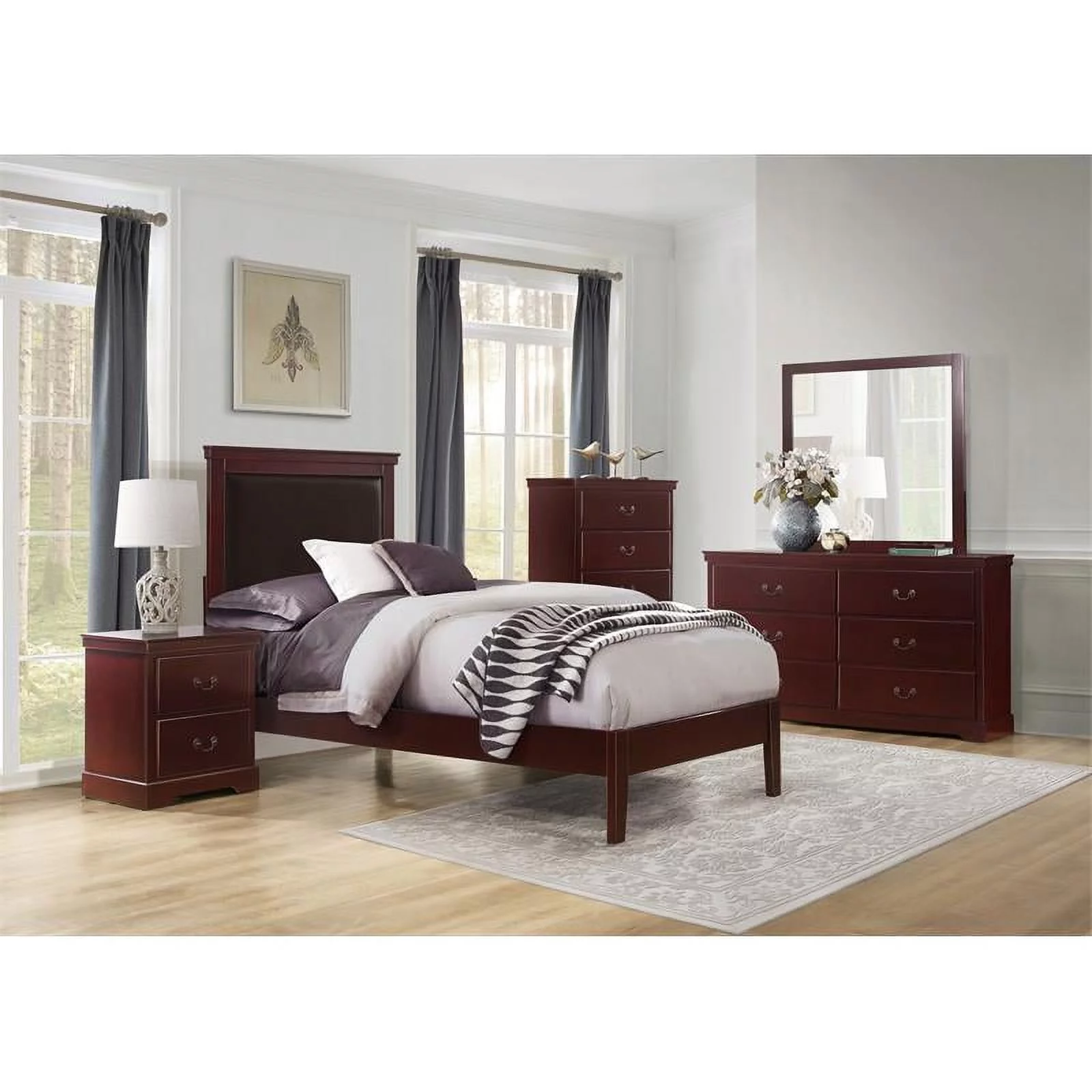 Lexicon Seabright Traditional Wood and Faux Leather Twin Bed in Cherry
