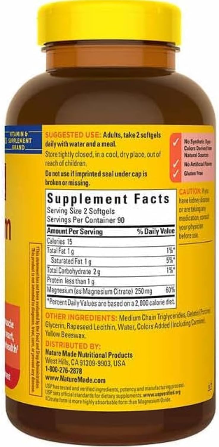 Nature Made Magnesium Citrate 250 mg per serving, Dietary Supplement for Muscle, Nerve, Bone and Heart Support, 180 Softgels, 90 Day Supply, includes Weekly Pill Organizer