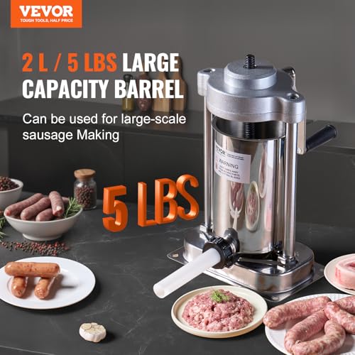 VEVOR Manual Sausage Stuffer, 7 L / 15 LBS Vertical Sausage Machine, Dual-Speed Meat Stuffer, Made of Food-Grade 304 Stainless Steel, Includes 5 Stuffing Tubes, for Home Kitchen Restaurant Commercial