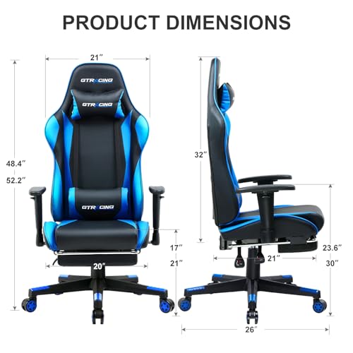 GTRACING Gaming Chair with Footrest, Ergonomic Computer Game Desk Chair, Reclining Game Chair Seat Height Adjustment, Swivel Rocker with Headrest and Lumbar (Blue)