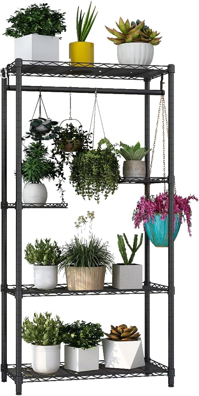 Xiofio 5-Tier Plant Stand for Indoor Outdoor, Large Multiple Flower Pot Holder Rack Tall Plant Stand ，Hanging Plant Stand ,Adjustable Plant Stand Suitable for Bedroom Living Room Balcony Garden,Black