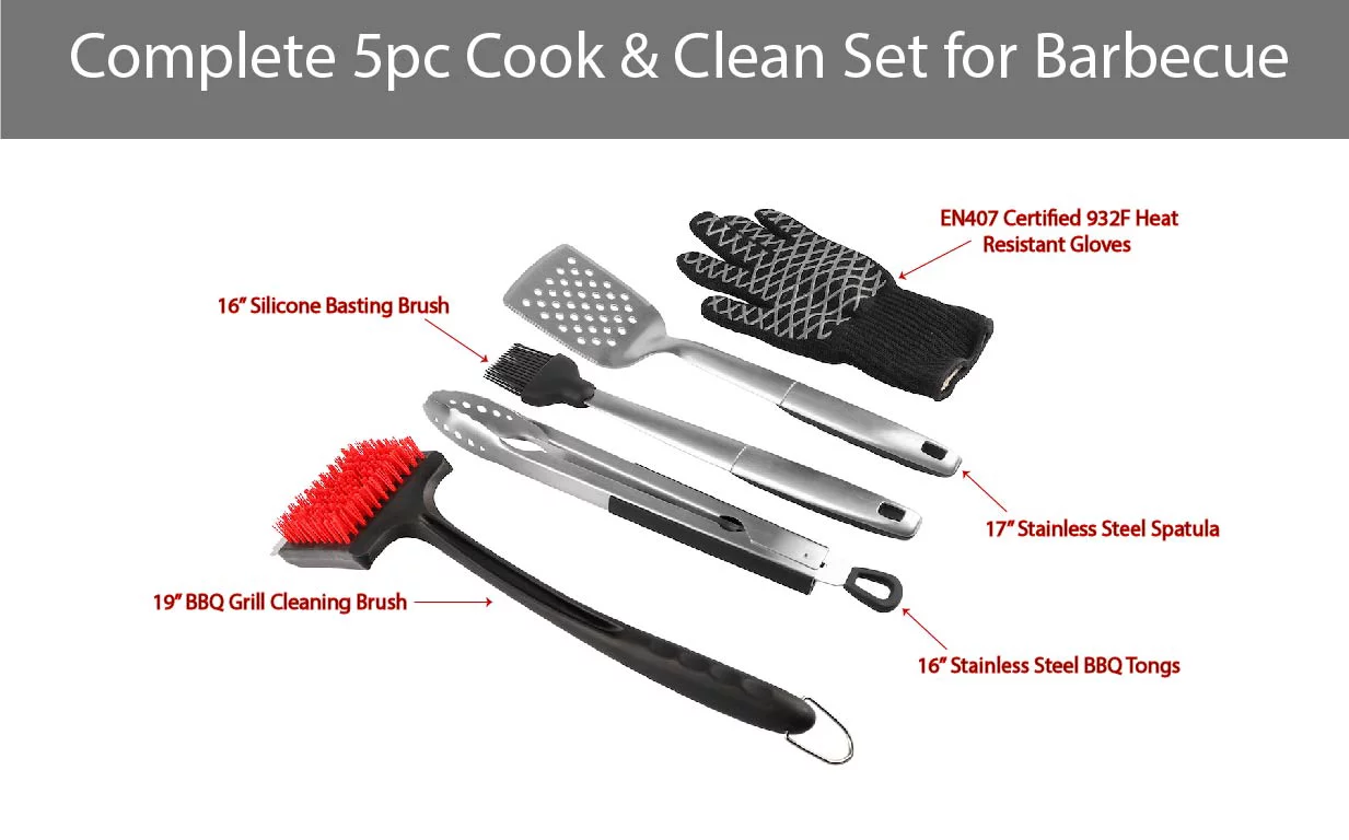 PitMaster King Cook & Clean BBQ Grill Essentials 5pc Value Set with Tongs, Spatula, Basting Brush, Cleaning Brush and EN407 Certified 932F Heat Gloves