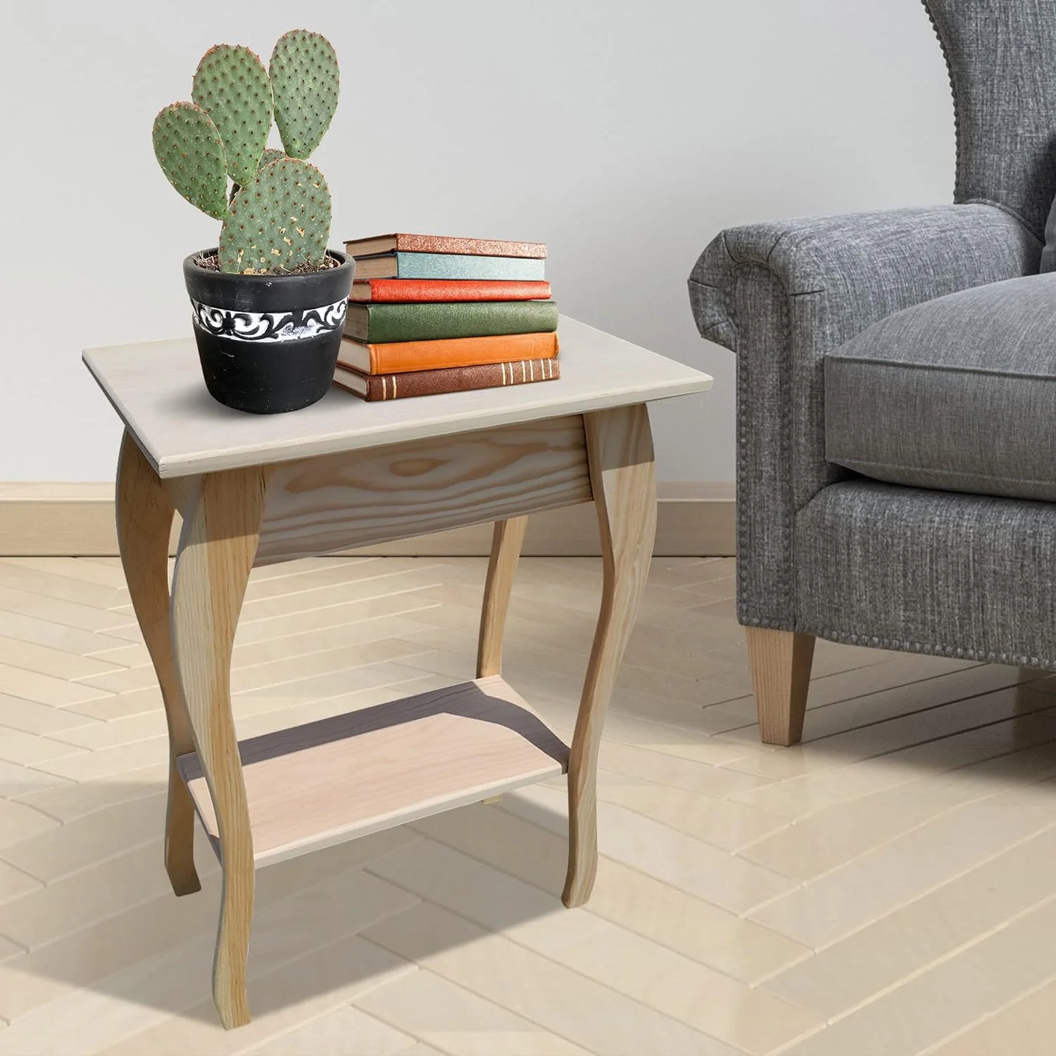 Wooden End Table- Amish Handmade Slim Side Table For Living Room, Bedroom, Entry Way, & Hallway, Thin Narrow End Table With 2-Tiered Shelves For Display & Storage, Unfinished