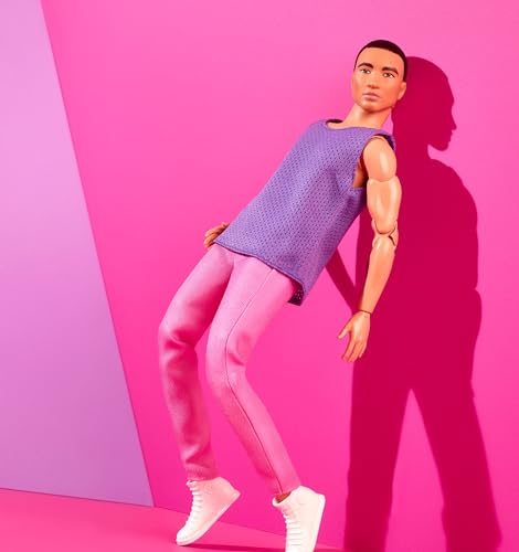 Barbie Looks Ken Fashion Doll with Black Hair Dressed in Purple Mesh Top & Pink Trousers, Posable Collectible with Made to Move Body