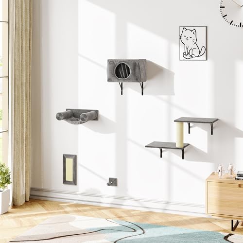 5-in-1 Cat Wall Shelves, Stable & Safe Wall Mounted Cat Furniture Set, Cats Wall Bed, Door Hanging Cat Shelf, Cats Shelves for Wall, with House, Steps, Scratcher, Hammock, Shelves (B-KM061)