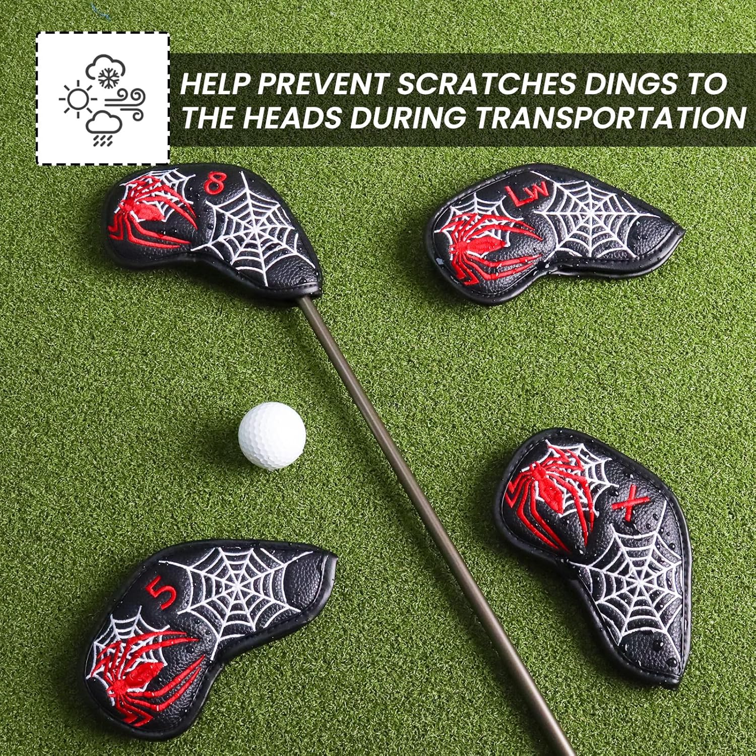 FINGER TEN Golf Iron Head Covers Value 8/11/12 Piece Set, Synthetic Leather Deluxe Club Headcover, Universal Fit Main Iron Clubs Gift Set (1 Side-Black Spider)