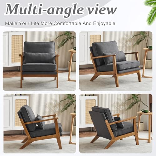 VINGLI Solid Wood Wide Armrests Accent Chair,Upholstered Mid Century Modern Chair with Pillow,Comfy Reading Chair Farmhouse Arm Chair,Chairs Living Room,Bedroom,Guest Room,Linen Fabric,Beige