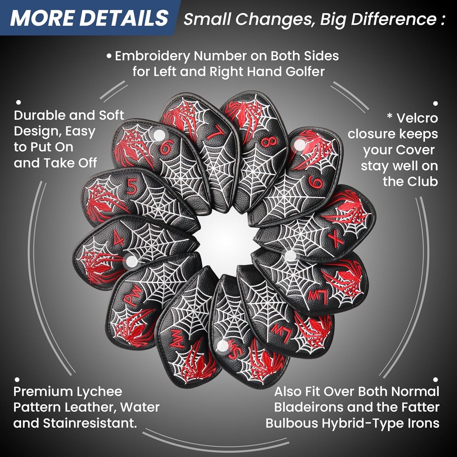 FINGER TEN Golf Iron Head Covers Value 8/11/12 Piece Set, Synthetic Leather Deluxe Club Headcover, Universal Fit Main Iron Clubs Gift Set (1 Side-Black Spider)