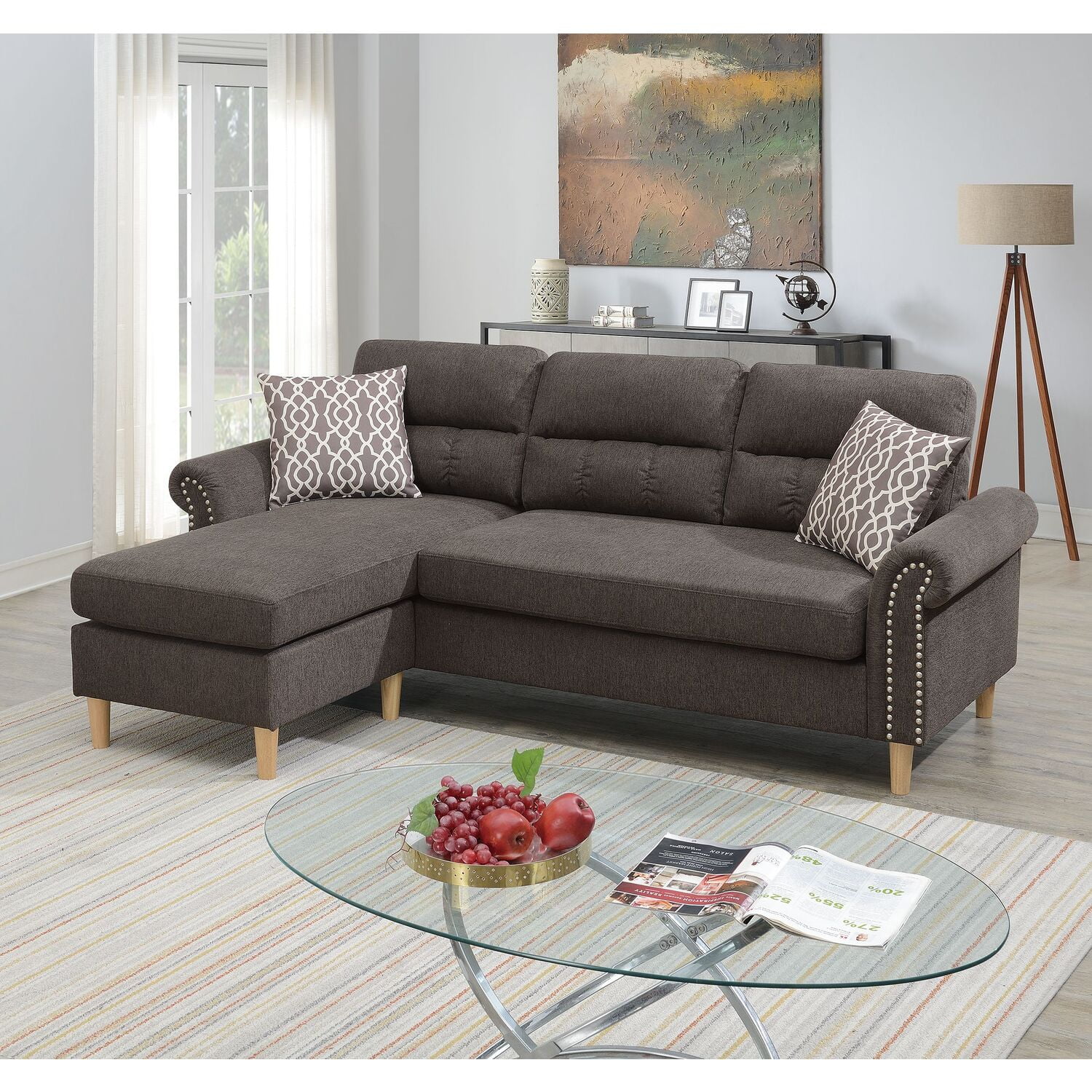 Poundex Furniture Fabric Reversible Sofa Sectional Set in Tan Brown Color