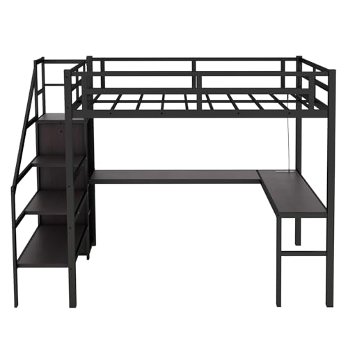 Twin XL Industrial Metal Loft Bed with L-Shaped Desk, USB, LED, Wardrobe, Adjustable Shelves, and Stairs (Black)