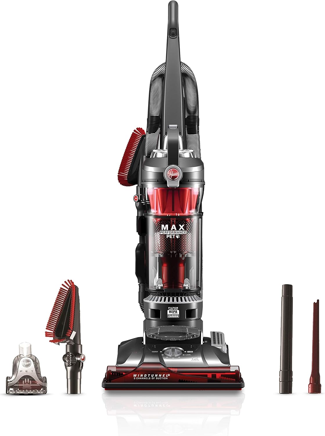 Hoover WindTunnel 3 Max Performance Pet, Bagless Upright Vacuum Cleaner, HEPA Media Filtration, For Carpet and Hard Floor, UH72625, Red