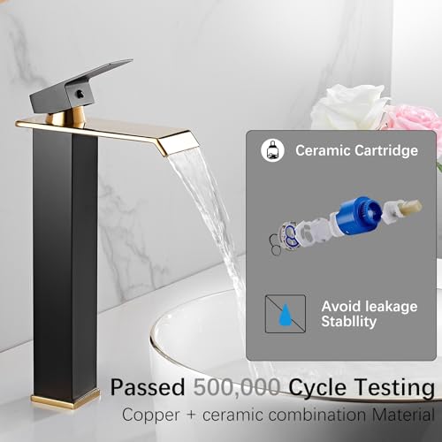 White Gold Faucet Bathroom Vessel Sink Golden Waterfall Spout Faucet Single Handle Bowl Sink Faucet Modern Single Hole Basin Vanity Tall Bathroom Sink Faucet with Pop Up Drain Stopper Supply Hose