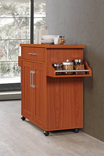 Hodedah Rolling Wood Kitchen Island Cart with Spice Rack, Towel Rack, Utensil Drawer plus Cabinet, White with Beech Top