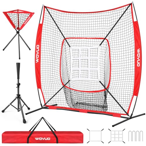 7x7 ft Baseball Net for Batting Pitching Hitting, Softball Pitching Net with Strike Zone, Tee, Ball Caddy, Softball Batting Net Baseball Training Equipment for Kids Adult Youth Sport Practice