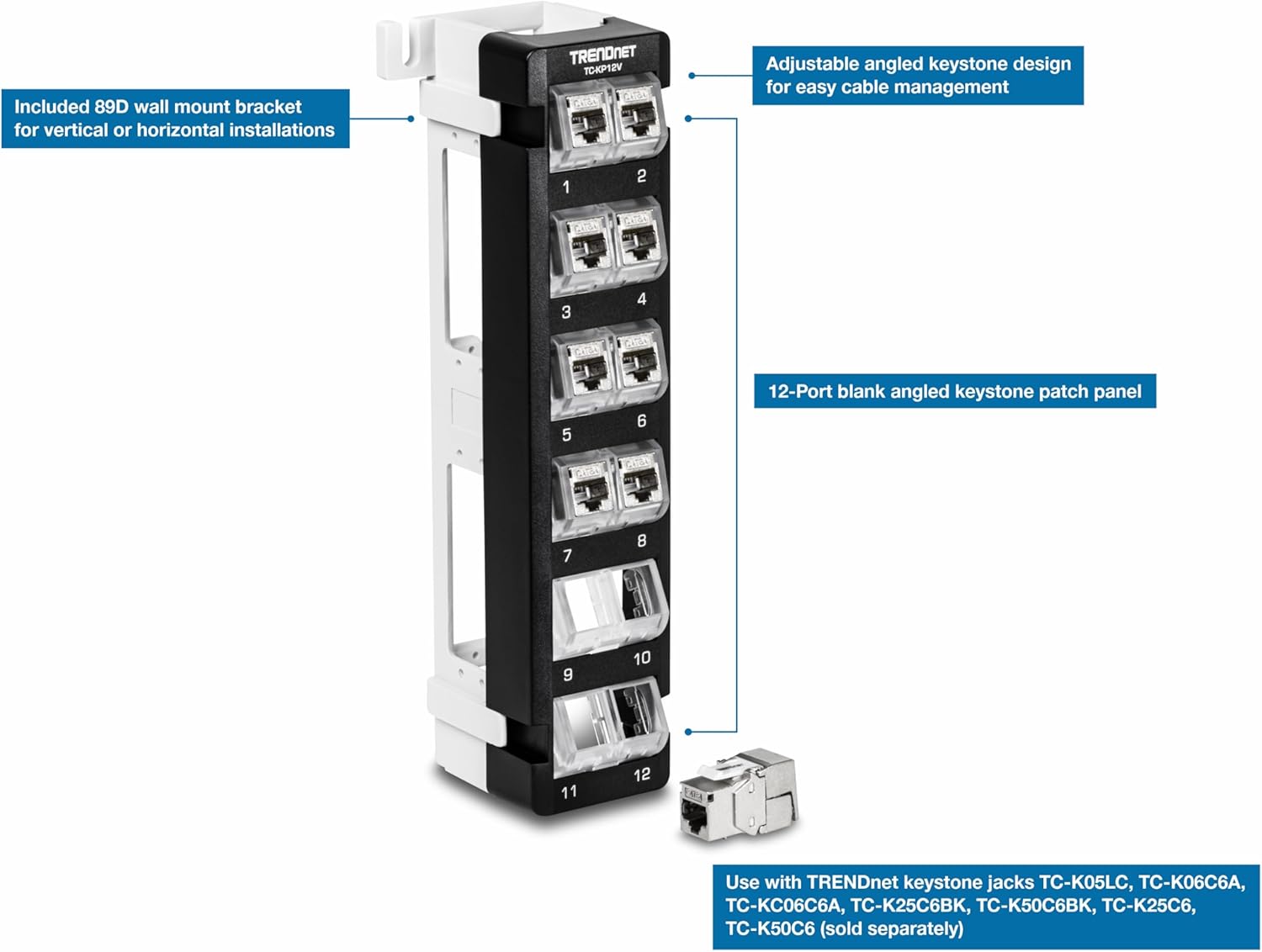 TRENDnet 12-Port Blank Angled Wall Mount Keystone Patch Panel, TC-KP12V, Use with TRENDnet Keystone Jacks (Sold Separately), Snap-in Style, Quick and Easy Access, 89D Wall Mount Bracket Included