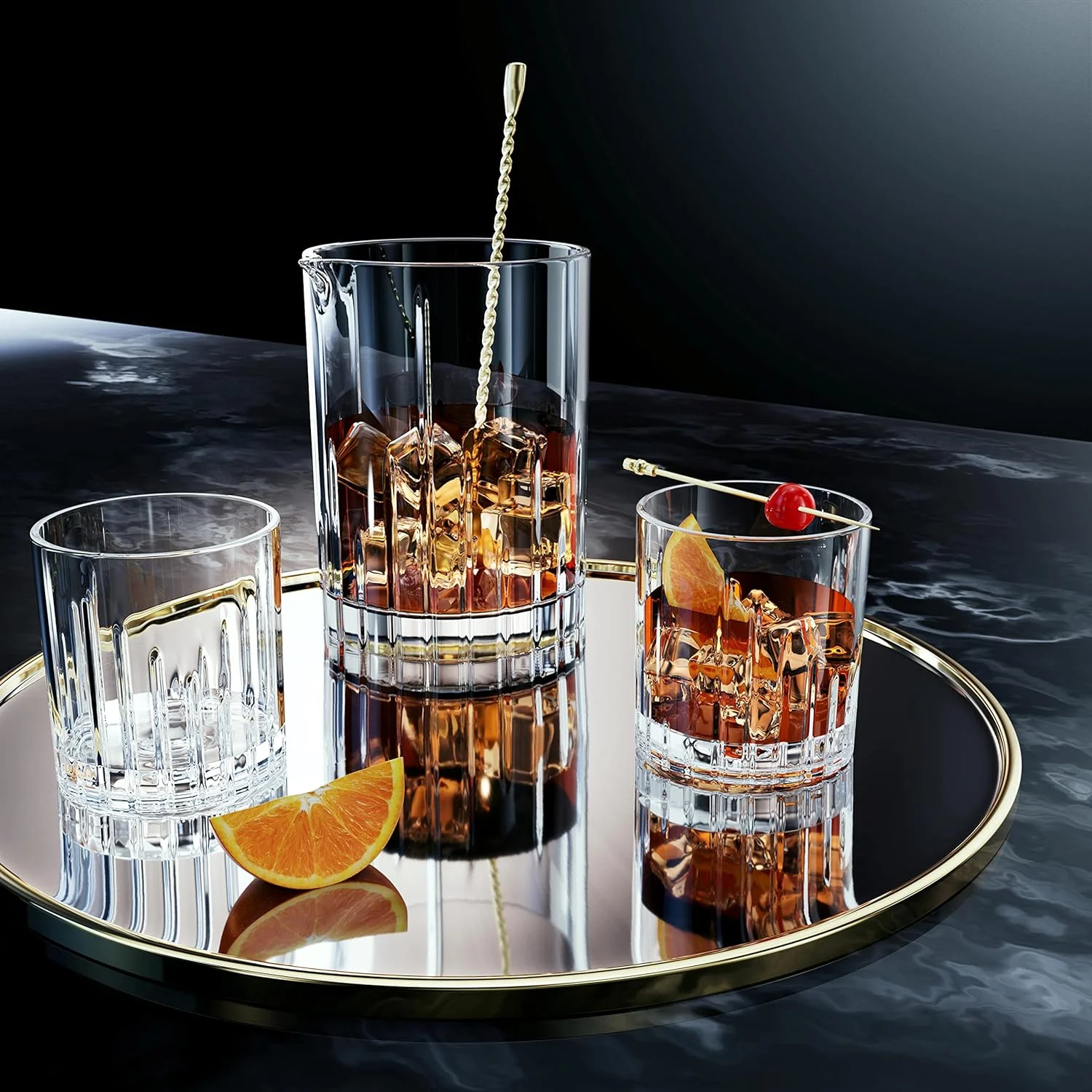Crystal Old Fashiond Spinning Glasses 7 Piece Set – Vintage Pitcher With Matching 360-Degree Spinning Crystal Rocks Glasses With Heavy Bottom – Gifts, Cocktails, Mixology