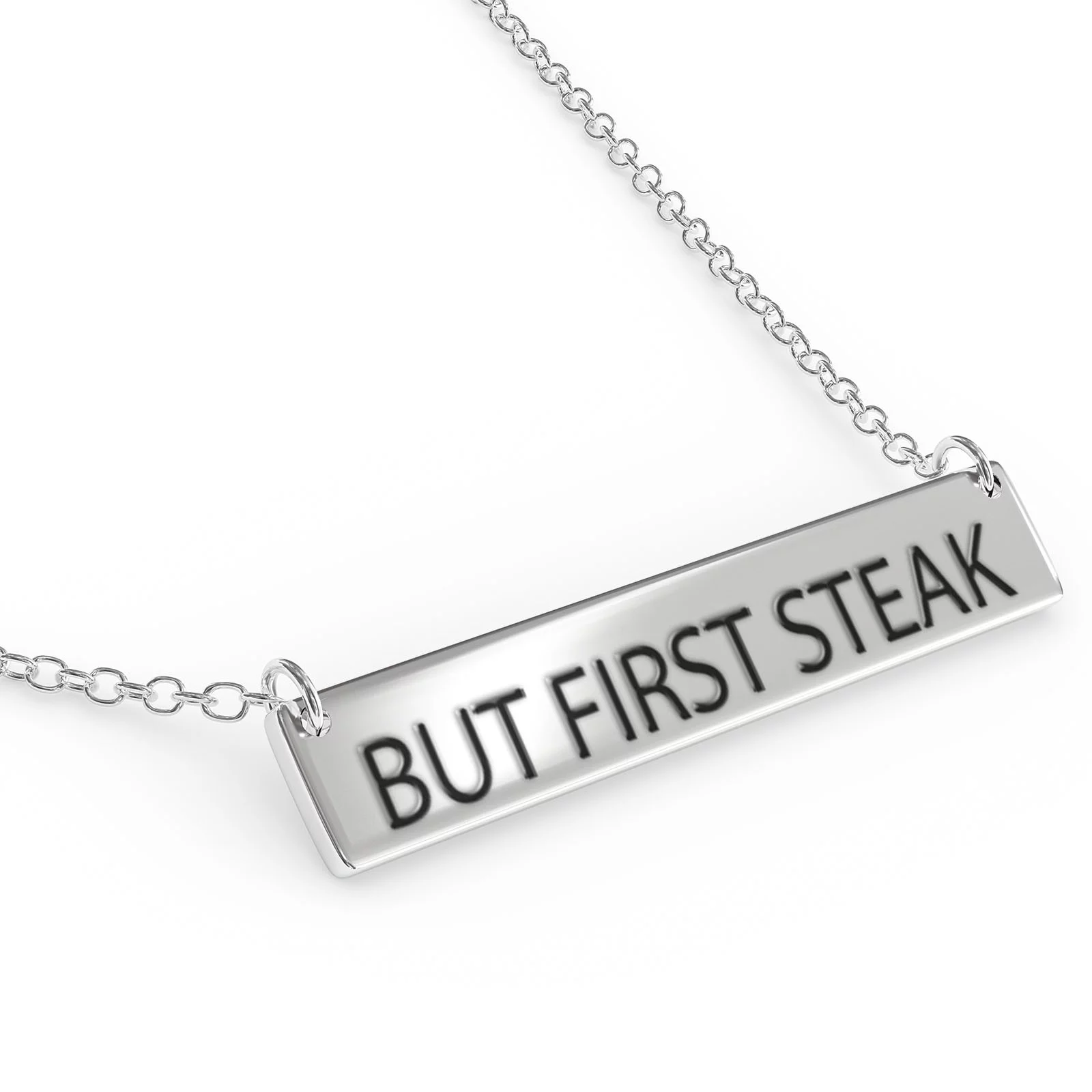 But First Steak Women's Bar Pendant Necklace Sterling Sliver
