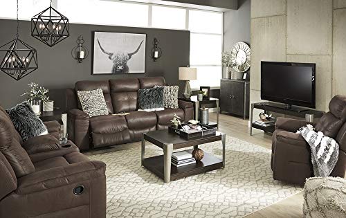 Signature Design by Ashley Jesolo Modern Faux Leather Manual Pull Tab Double Reclining Sofa, Dark Brown