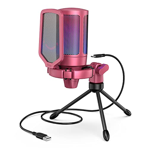 FIFINE Gaming USB Microphone for PC PS5, Condenser Mic with Quick Mute, RGB Indicator, Tripod Stand, Pop Filter, Shock Mount, Gain Control for Streaming Discord Twitch Podcasts Videos- AmpliGame
