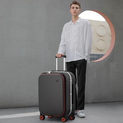 mixi Carry On Luggage, 20'' Suitcase with Front Laptop Pocket, Travel Rolling Luggage Aluminum Frame PC Hardside with Spinner Wheels & TSA Lock and Cover - Smoke White