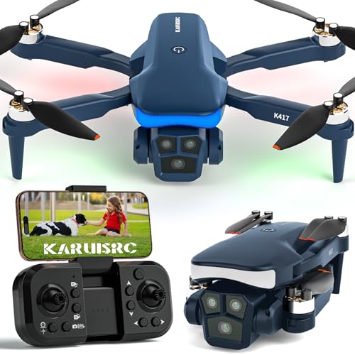 K417 Drone with 2 Cameras 1080P HD 90°Electric Adjustable FPV Drone Transmission,Blue LED Light Foldable Lightweight Remote Control Optical Flow Positioning Altitude Hold 3D Flip,for Adults Beginner