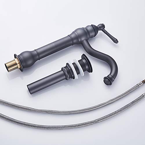 GGStudy 360° Swivel Antique Brass Bathroom Vessel Sink Faucet Single Handle One Hole Matching with Pop Up Drain