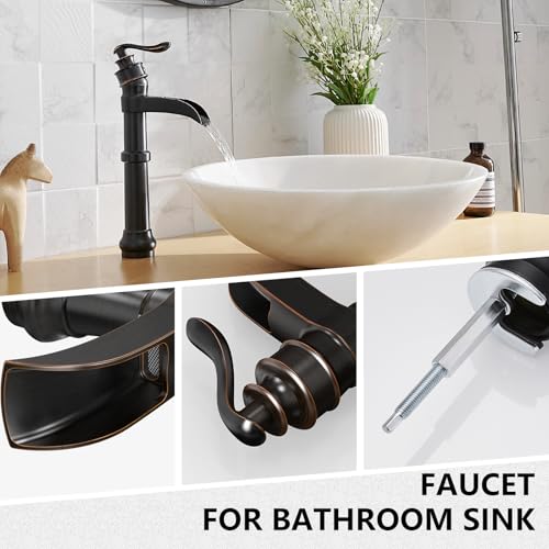 Vessel Sink Faucet, Oil Rubbed Bronze Black Bathroom Faucet, Farmhouse Waterfall Sink Faucet Single Hole with Pop Up Drain Assembly Without Overflow One Hole Mixer Tap Deck Mount