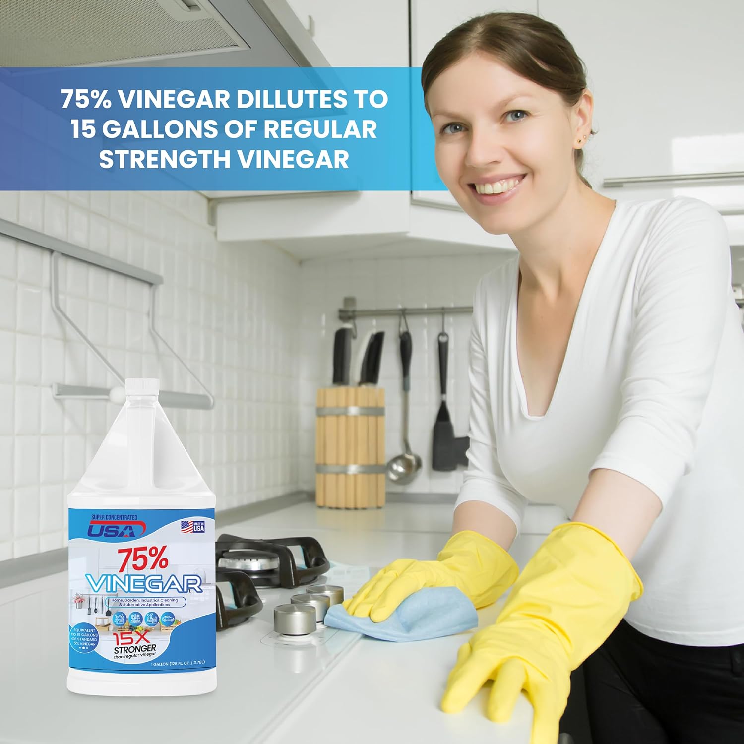 75% Pure Vinegar - Dilutes to 15 Gallons - 15x Power Industrial Cleaning Vinegar - 1 Gallon Concentrated Cleaner