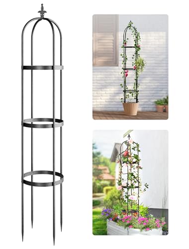 100% Metal Obelisk Trellis for Climbing Plants Outdoor 6ft - 72in, Heavy Duty Black Garden Trellis for Climbing Vine with Hammer Stone Coated, 1pc